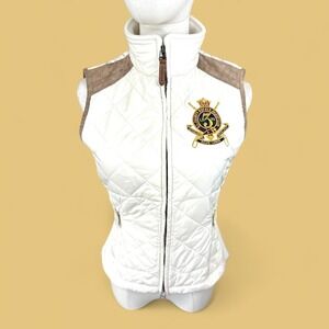 Ralph Lauren Sport White Quilted Vest Suede‎ Trim Crest Logo Women's